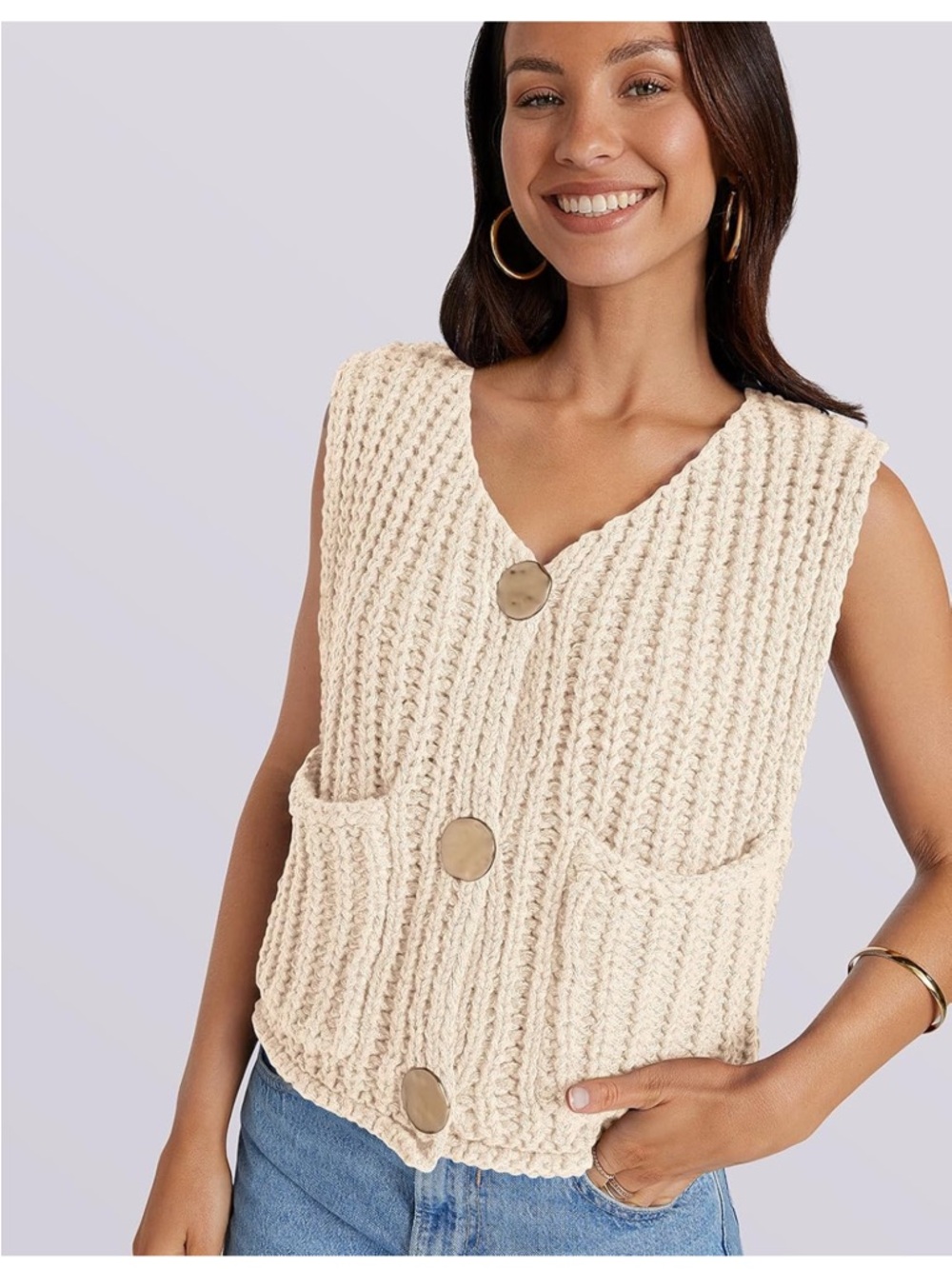 UEU NWT XL CREAM Chunky Knit crochet Sleeveless Button Front Vest Sweater